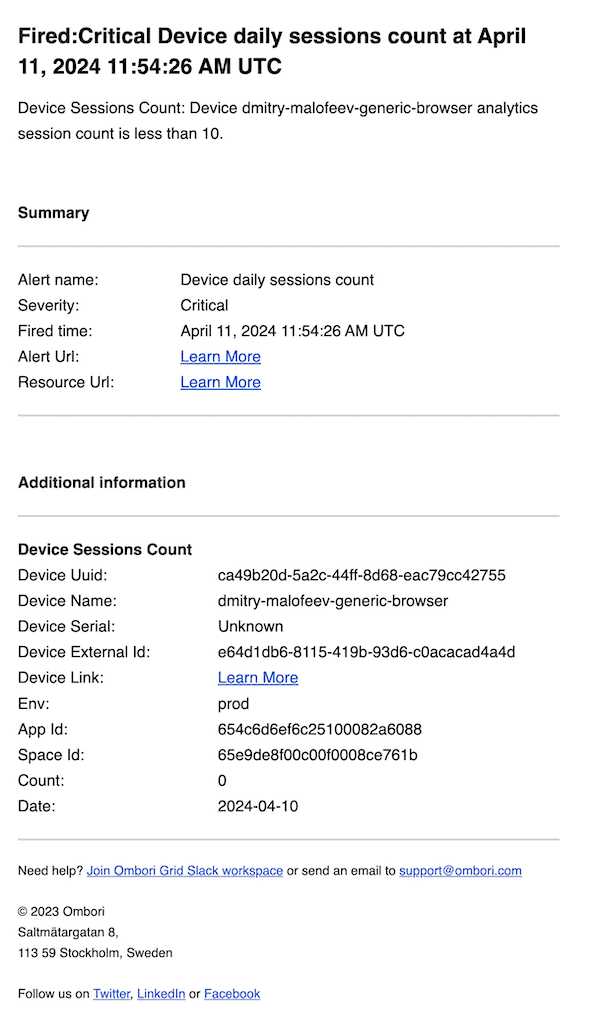 screen device daily analytics session count condition email notification payload