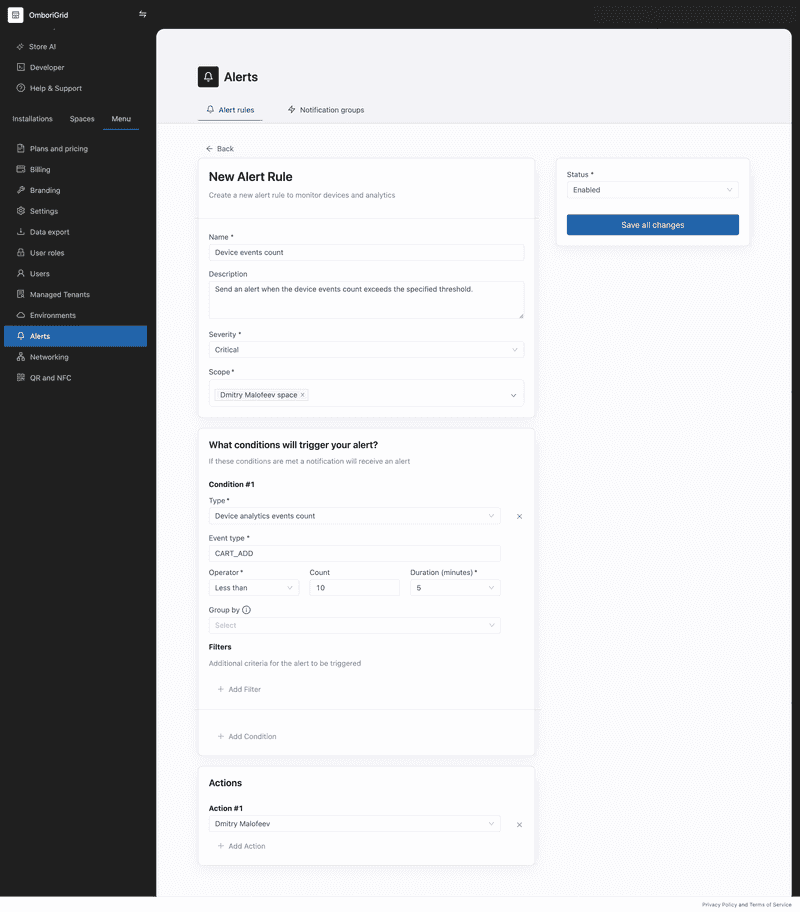 screen alert rule device analytics events count example