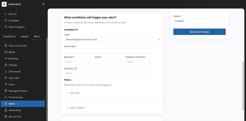 screen alert rule device analytics events count condition